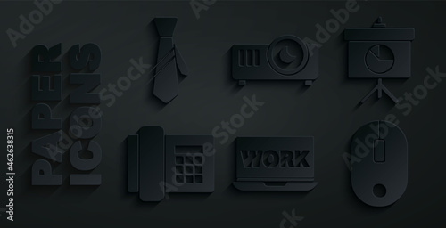 Set Laptop with text work, Chalkboard diagram, Telephone, Computer mouse, Movie, film, media projector and Tie icon. Vector