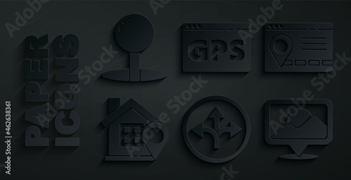 Set Road traffic sign, Infographic of city map navigation, Location with house, Gps device and Push pin icon. Vector