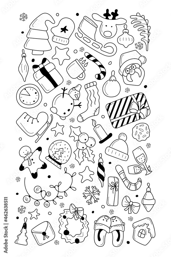 Black and white set of christmas items. Happy new year. Vector illustration. Hand-Drawn. Flat design.