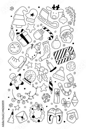 Black and white set of christmas items. Happy new year. Vector illustration. Hand-Drawn. Flat design.