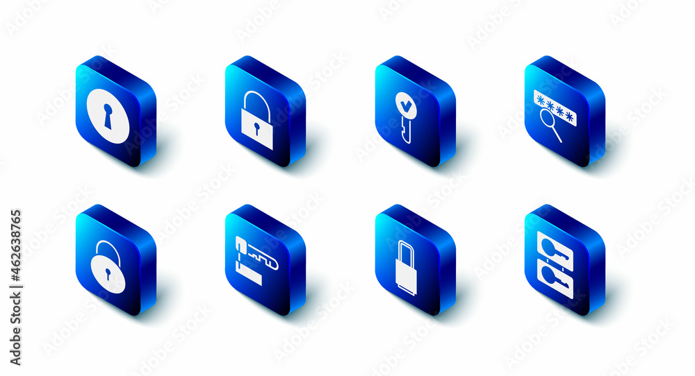 Naklejka premium Set Lock, Key, Password protection, Casting keys, Marked, and Keyhole icon. Vector