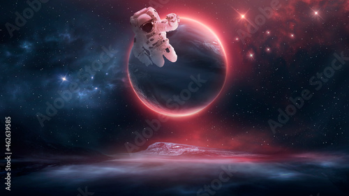 Fototapeta Naklejka Na Ścianę i Meble -  Sci-fi abstract background with flying astronaut. Abstract fantastic space of the Universe. Space background with nebula and stars. Elements of this image furnished by NASA. 3d illustration 