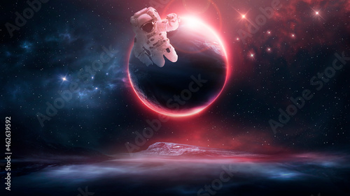 Fototapeta Naklejka Na Ścianę i Meble -  Sci-fi abstract background with flying astronaut. Abstract fantastic space of the Universe. Space background with nebula and stars. Elements of this image furnished by NASA. 3d illustration 