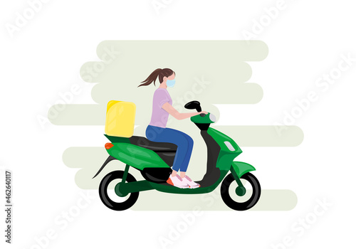 Fast delivery package illustration. The girl ride on bike so fast as it possible to deliver the order. Copy space vector eps10