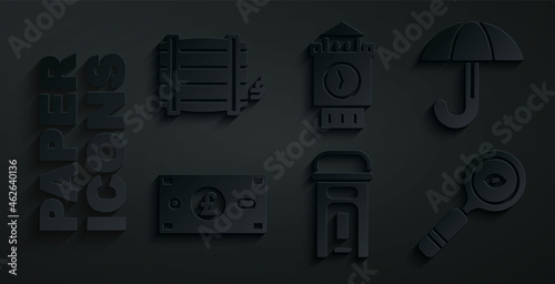 Set London phone booth, Umbrella, Pound sterling money, Magnifying glass, Big Ben tower and Wooden barrel icon. Vector