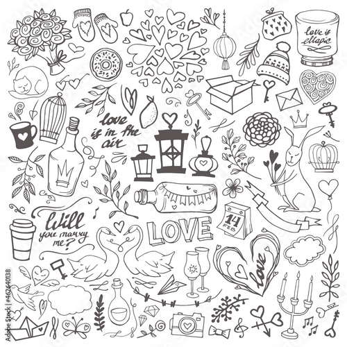 Valentine's Day romantic doodles vector set. Handsketched collection of traditional love symbols and objects. 