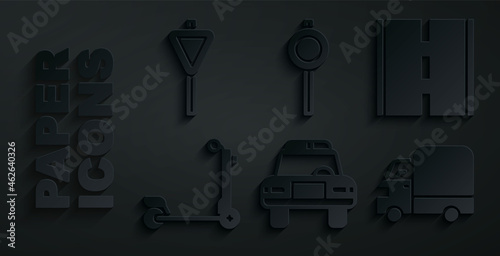 Set Police car and flasher, Road, Scooter, Delivery cargo truck, traffic signpost and icon. Vector