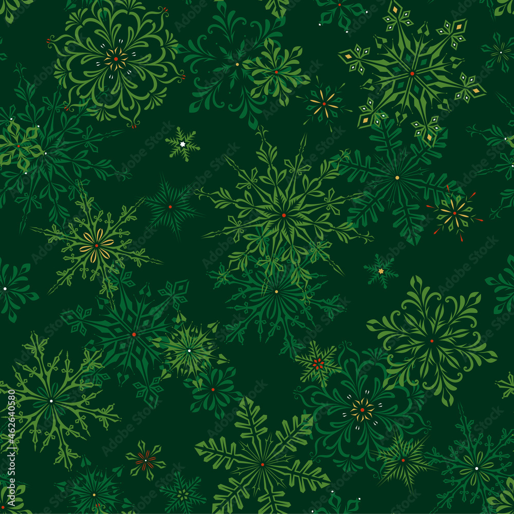 Green Christmas and New Year seamless pattern with snowflakes. Ornate winter background. Gift wrap and fabric design. Green Christmas and New Year seamless pattern with snowflakes. Ornate winter background. Gift wrap and fabric design.