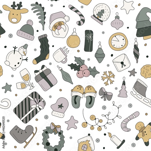 Happy new year seamless vector pattern. For design, wrapping paper and wallpaper. Black pattern christmas items. Vector illustration. Hand-Drawn. Flat design.