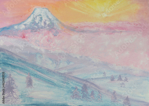Sunrise over inactive volcano with morning clouds above snowy valley. Mixed media background mountain landscape painting