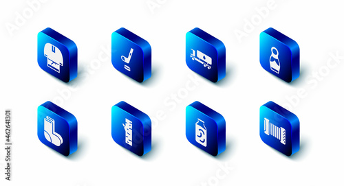 Set Ice hockey stick and puck, Tanker truck, Russian doll matryoshka, Accordion, Pickled cucumbers in jar, Birch tree, Valenki and Kosovorotka icon. Vector