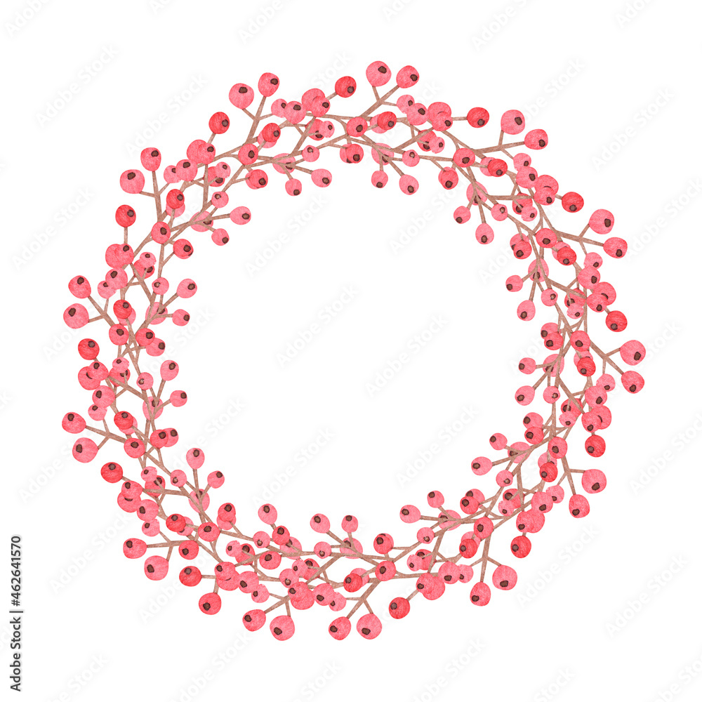 decor New Years, Christmas wreath with red berries, childrens illustration in watercolor decor New Years, Christmas wreath with red berries, childrens illustration in watercolor