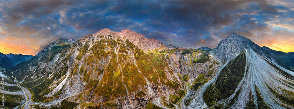 360° aerial of the Alps in Verdans Austria - obrazy, fototapety, plakaty 