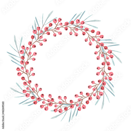 decor new year, christmas wreath with red berries and spruce branches, cute childrens illustration in watercolor