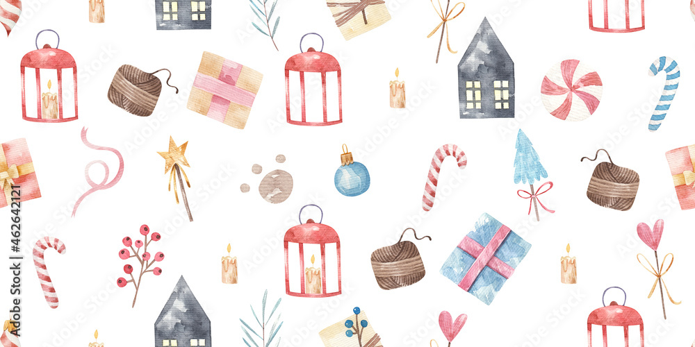 seamless pattern for new year and christmas, decor, lanterns, lamps, branches, toys, children's watercolor illustration seamless pattern for new year and christmas, decor, lanterns, lamps, branches, toys, children's watercolor illustration