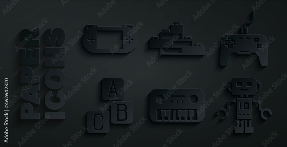 Set Toy piano, Gamepad, ABC blocks, Robot toy, building bricks and Portable video game console icon. Vector Set Toy piano, Gamepad, ABC blocks, Robot toy, building bricks and Portable video game console icon. Vector