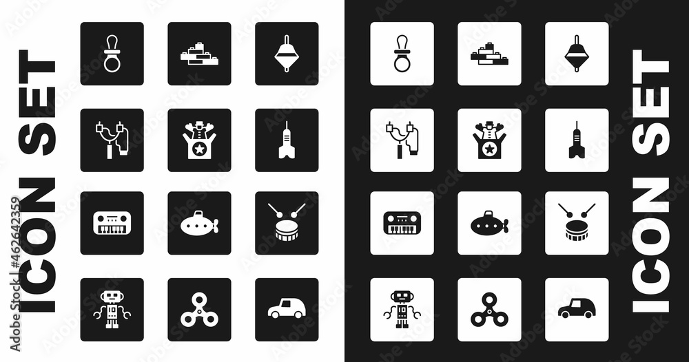 Set Whirligig toy, Jack in the box, Slingshot, Baby dummy pacifier, Dart arrow, Toy building block bricks, Drum with drum sticks and piano icon. Vector Set Whirligig toy, Jack in the box, Slingshot, Baby dummy pacifier, Dart arrow, Toy building block bricks, Drum with drum sticks and piano icon. Vector