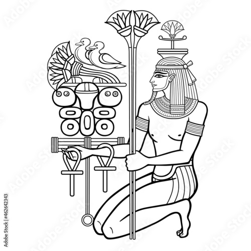 Animation portrait: sitting  Egyptian God Hapi presents river gifts. God of fertility, of water, of  Nile River. Vector illustration isolated on a white background. Print, poster, t-shirt