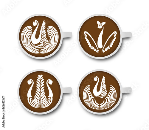 Coffee Latte Art Logo Icon vector Rosetta, Swan, Heart, Tulip, Tree Set