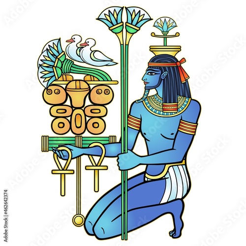 Animation color  portrait: sitting 
 Egyptian God Hapi presents river gifts. God of fertility, of water, of  Nile River. Vector illustration isolated on a white background. Print, poster, t-shirt photo