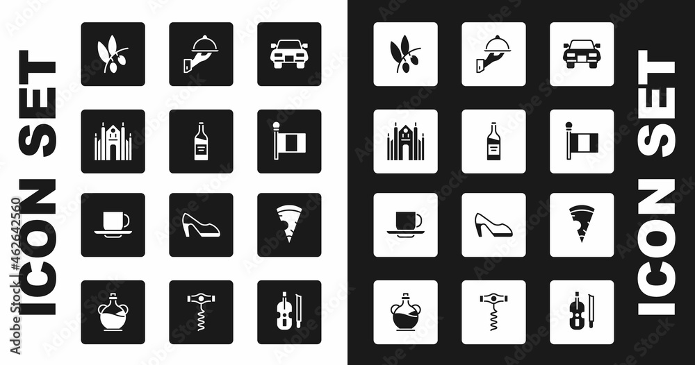 Set Car, Bottle of wine, Milan Cathedral, Olives branch, Flag Italy, Covered with tray food, Slice pizza and Coffee cup icon. Vector Set Car, Bottle of wine, Milan Cathedral, Olives branch, Flag Italy, Covered with tray food, Slice pizza and Coffee cup icon. Vector