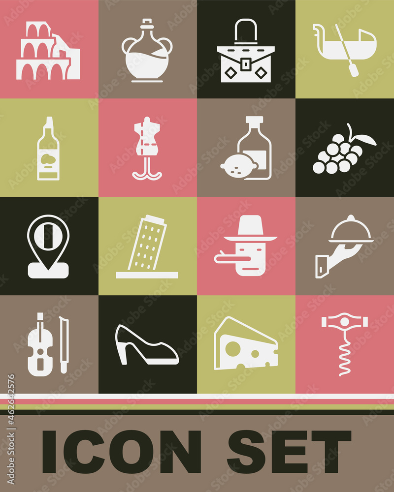Set Wine corkscrew, Covered with tray of food, Grape fruit, Handbag, Mannequin, Bottle olive oil, Coliseum Rome and Limoncello bottle icon. Vector Set Wine corkscrew, Covered with tray of food, Grape fruit, Handbag, Mannequin, Bottle olive oil, Coliseum Rome and Limoncello bottle icon. Vector