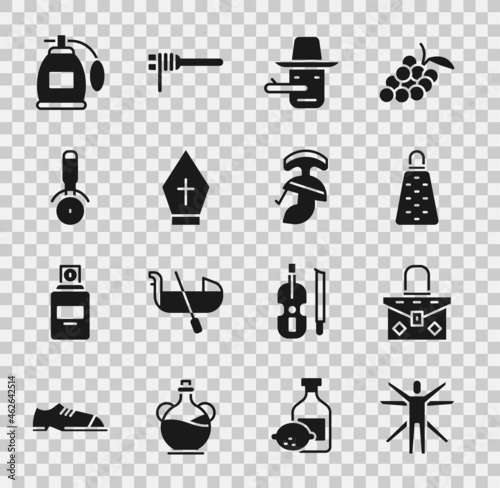 Set Vitruvian Man, Handbag, Grater, Pinocchio, Pope hat, Pizza knife, Perfume and Roman army helmet icon. Vector