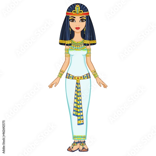 Animation Egyptian princess in ancient clothes and gold jewelry. Queen, goddess, princess . Full growth. Vector illustration isolated on a white background.