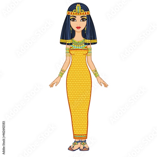 Animation Egyptian princess in ancient clothes and gold jewelry. Queen, goddess, princess . Full growth. Vector illustration isolated on a white background.