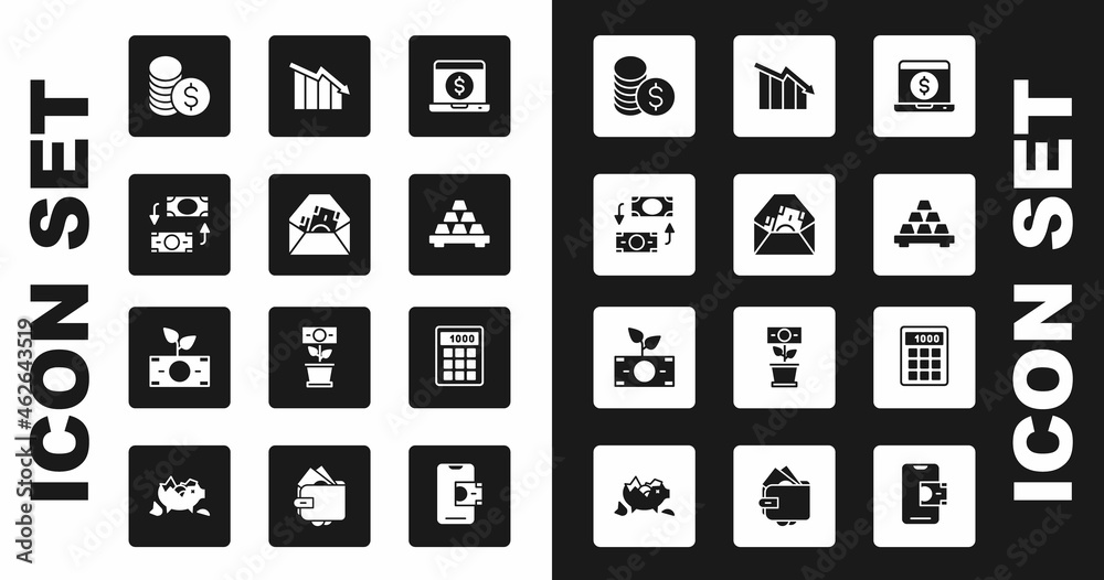 Set Laptop with dollar, Envelope symbol, Money exchange, Coin money, Gold bars, Financial growth decrease, Calculator and plant the pot icon. Vector