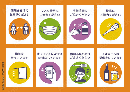 飲食店・店舗向け　コロナウイルス対策アイコン ポスター　日本語テキストつき