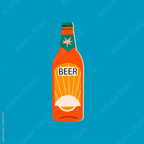 Brown glass Beer bottle. Colorful label. Hand drawn trendy Vector illustration. Isolated icon. Brewery concept. Design element for restaurant, pub. Logo, banner, poster template