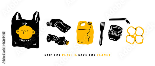 Various Plastic waste. Pollution problem, Recycling, zero waste concept. Stop using plastic bag, cup, straw, bottle, canister. Design for banner, poster, card. Hand drawn trendy Vector illustration