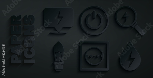 Set Electrical outlet, Lightning bolt, bulb, Water energy, Power button and icon. Vector