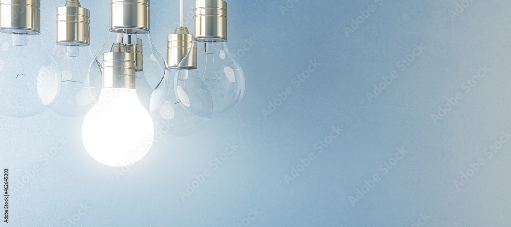 Glowing light bulb on blurry wide blue wall background. Idea, innovation, solution and invention concept. Mock up, 3D Rendering. - obrazy, fototapety, plakaty 