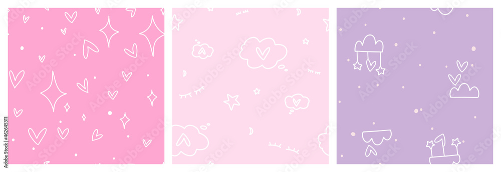Pink and lilac seamless pattern for the girl. Simple hand-drawn vector design with hearts, stars and clouds, symbolising dreams and nap time.