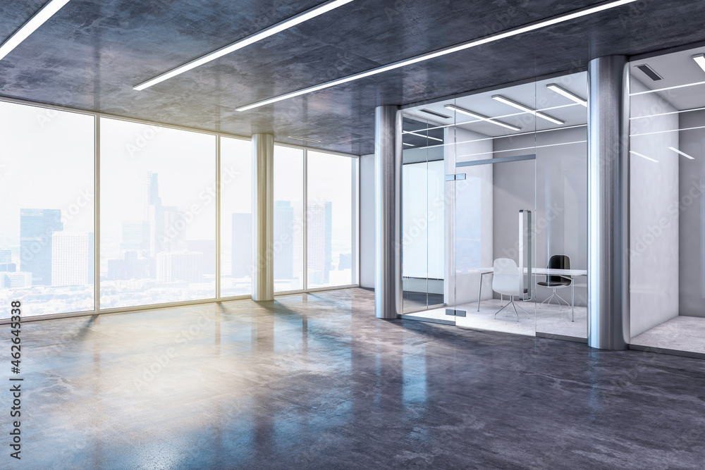 Minimalistic empty concrete interior with window and city view. Minimalism and design concept. 3D Rendering.