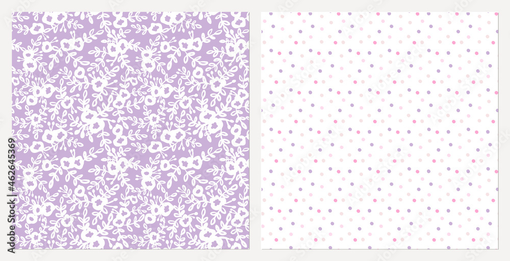 Flowers and polka dot pastel colours seamless pattern set. Coordinating repeat designs with floral hand drawn graphic for girl's clothing, bedding textile, feminine fabric print. Flowers and polka dot pastel colours seamless pattern set. Coordinating repeat designs with floral hand drawn graphic for girl's clothing, bedding textile, feminine fabric print.