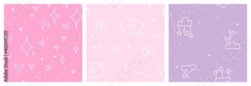 Pink and lilac seamless pattern for the girl. Simple hand-drawn vector design with hearts, stars and clouds, symbolising dreams and nap time.