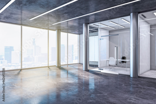 Minimalistic empty concrete interior with window and city view. Minimalism and design concept. 3D Rendering.