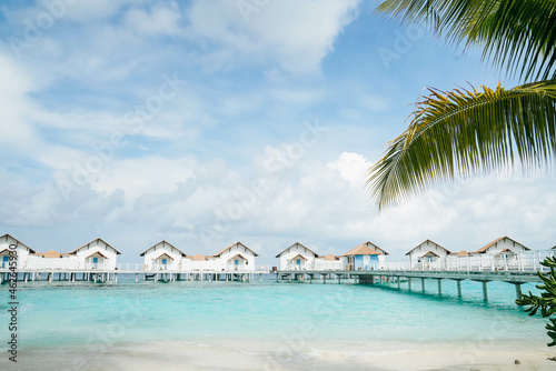 Beautiful Landscape of Over ocean Tropical beach summer resort hotel and spa, Maldives island with sea and sky tranquil for holiday vacation