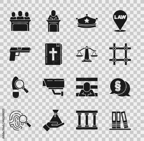Set Office folders, Law, Prison window, Police cap with cockade, Holy bible book, Pistol or gun, Jurors and Scales of justice icon. Vector