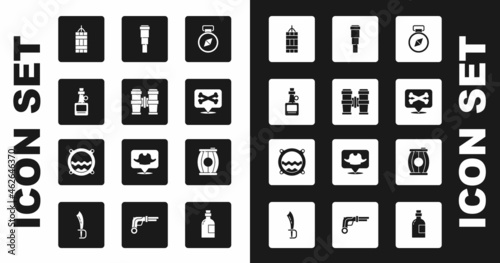 Set Compass, Binoculars, Alcohol drink Rum, Dynamite bomb, Location pirate, Spyglass telescope lens, Gun powder barrel and Ship porthole with seascape icon. Vector