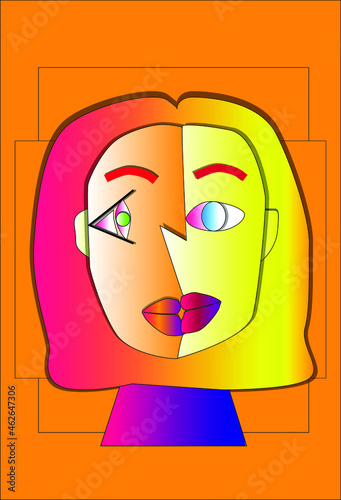 3d design of emotional art woman portrait. colorful female model table