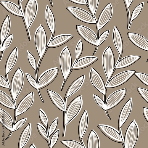 A stylish pattern of plants and flowers on a beige background. For wedding invitations, postcards, posters, labels of cosmetics and perfumes. Vector illustration