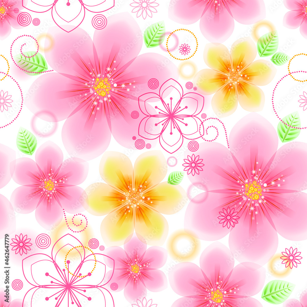 Seamless floral pattern vector. Romantic background with pink and yellow flowers. Spring abstract flowers (EPS10).