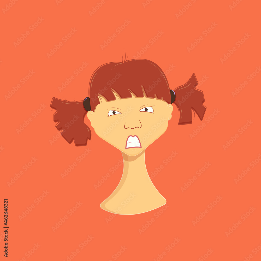 The face of a girl with pigtails and disheveled hair feeling angry 