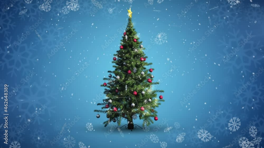 Snow falling over christmas tree spinning against snowflakes on blue background Snow falling over christmas tree spinning against snowflakes on blue background