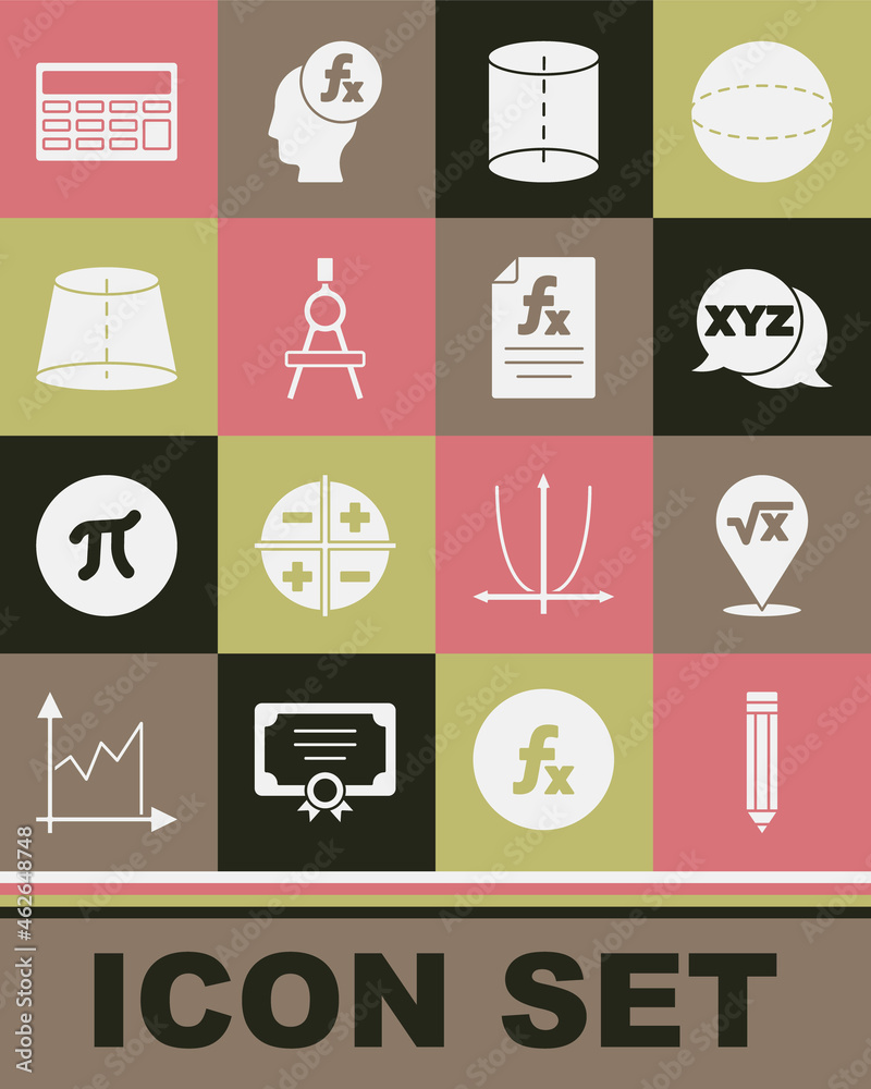 Set Pencil, Square root of x glyph, XYZ Coordinate system, Geometric figure, Drawing compass, Calculator and Function mathematical symbol icon. Vector Set Pencil, Square root of x glyph, XYZ Coordinate system, Geometric figure, Drawing compass, Calculator and Function mathematical symbol icon. Vector