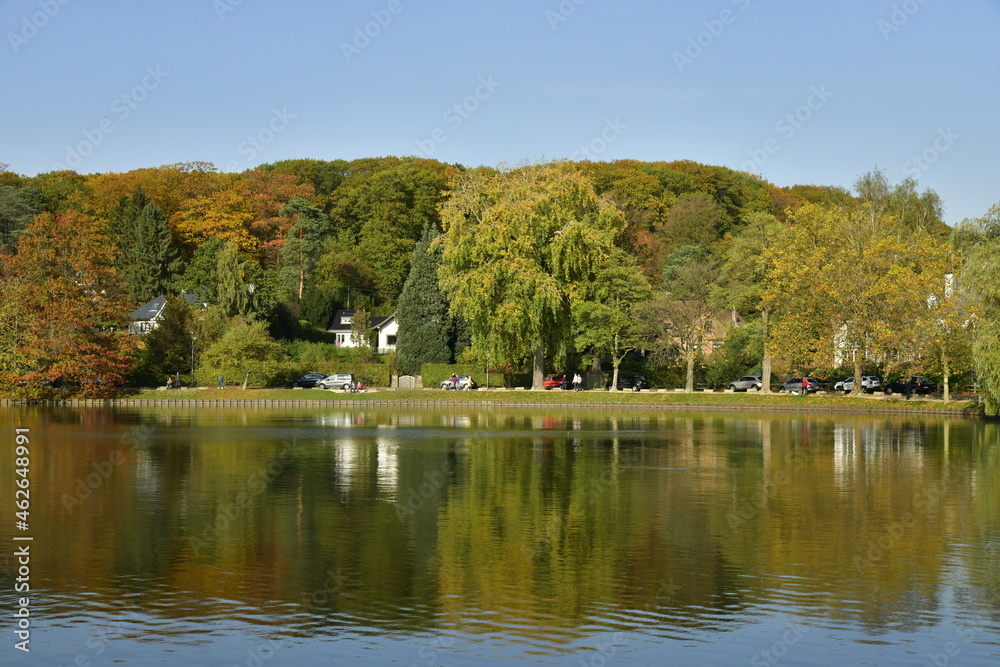 Le lac de Genval dans un cadre bucolique avec ses villas et immeubles à appartements dissimulés dans la nature luxuriante qui l'entoure en automne